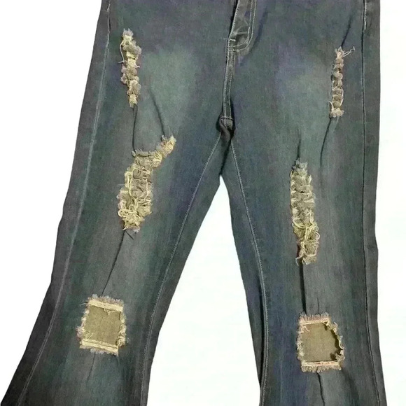 Ladies Ripped Flare Jeans Raw Hem Size L High Waist - Picture 4 of 6
